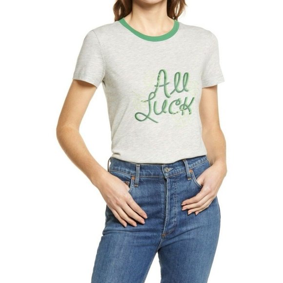 Halogen Tops - NWT Halogen St. Patricks Day All Luck Ringer T-Shirt Four Leaf Clover Green Gray